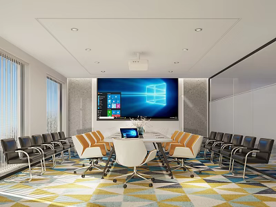 Modern Conference Room Interior With Large Screen Round Table And Geometric Carpet 3d model