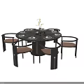 Modern Round Dining Table Set with Brown Cushioned Chairs Marble Tabletop and Decorative Tableware Vase 3d model