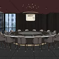 Elegant Private Dining Room With Round Table Blue Chairs Red Ceiling And Chandelier 3d model