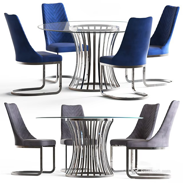 Modern Round Glass Top Dining Set with Metal Frame and Upholstered Chairs 3d model 