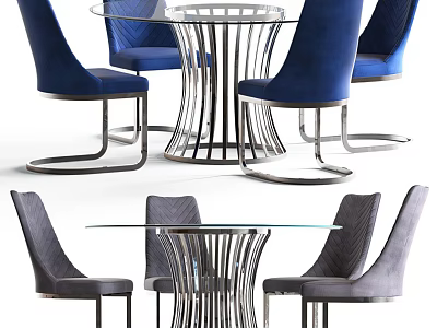 Modern Round Glass Top Dining Set with Metal Frame and Upholstered Chairs 3d model