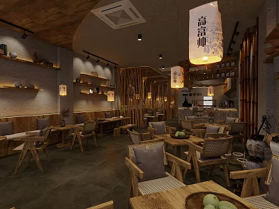 Traditional Tea House Interior Design With Wooden Furniture Decorative Lanterns And Cozy Seating 3d model