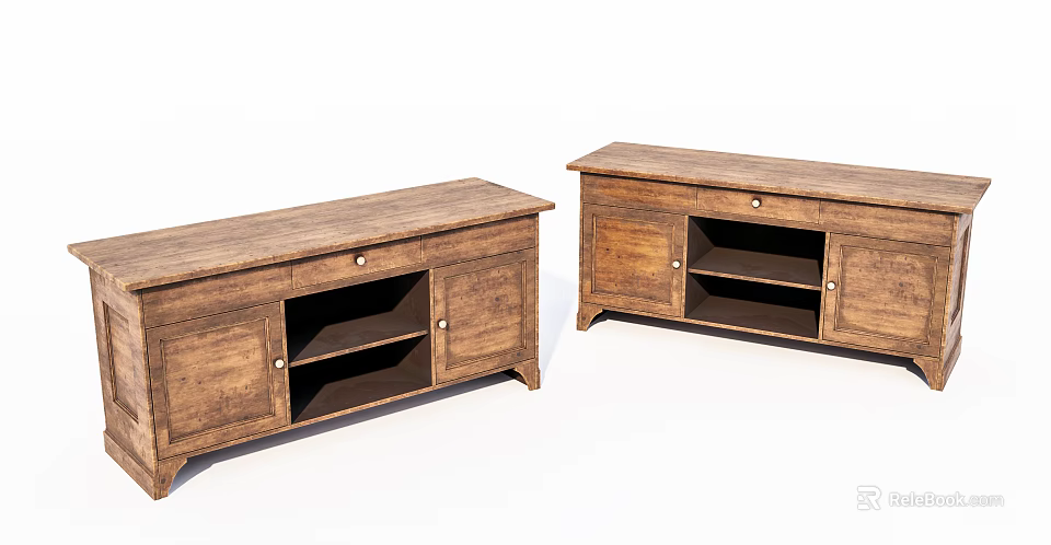Pair of Wooden TV Cabinets With Drawers And Open Storage Compartments 3d model 