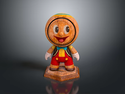 Smiling Round Head Wooden Character With Red Pants Yellow Straps Base 3d model