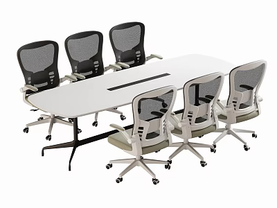 Modern White Rectangular Conference Table With Six Mesh Back Rolling Office Chairs 3d model