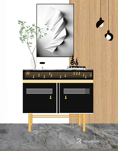 Elegant Modern Entryway Side Cabinet With Black Gold Finish And Decorative Details 3d model 