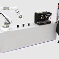 Smart Robotic Arm Preparing Coffee On White Counter With Coffee Machine Cups And Man 3d model