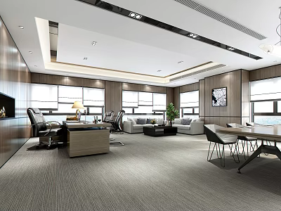 Modern Office Interior Design With Executive Desk Sofa Potted Plant Large Windows And Wall Art 3d model