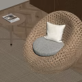Cozy Wicker Chair With White Cushion Small Round Table On Beige Rug And Wooden Wall