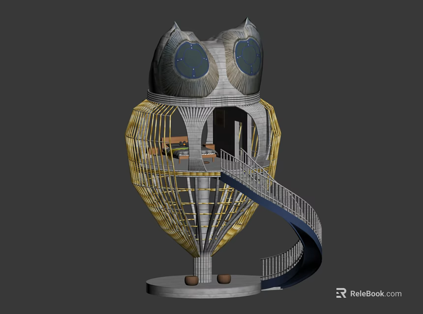 Cartoon Scene Featuring Owl Shaped Building With Spiral Staircase And Interior Rooms 3d model 