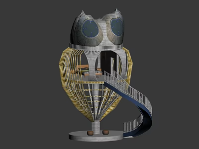 Cartoon Scene Featuring Owl Shaped Building With Spiral Staircase And Interior Rooms 3d model