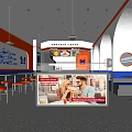 Modern Restaurant Interior With Orange White Walls Arched Doorways Hanging Lights Blue Seats Dining Tables