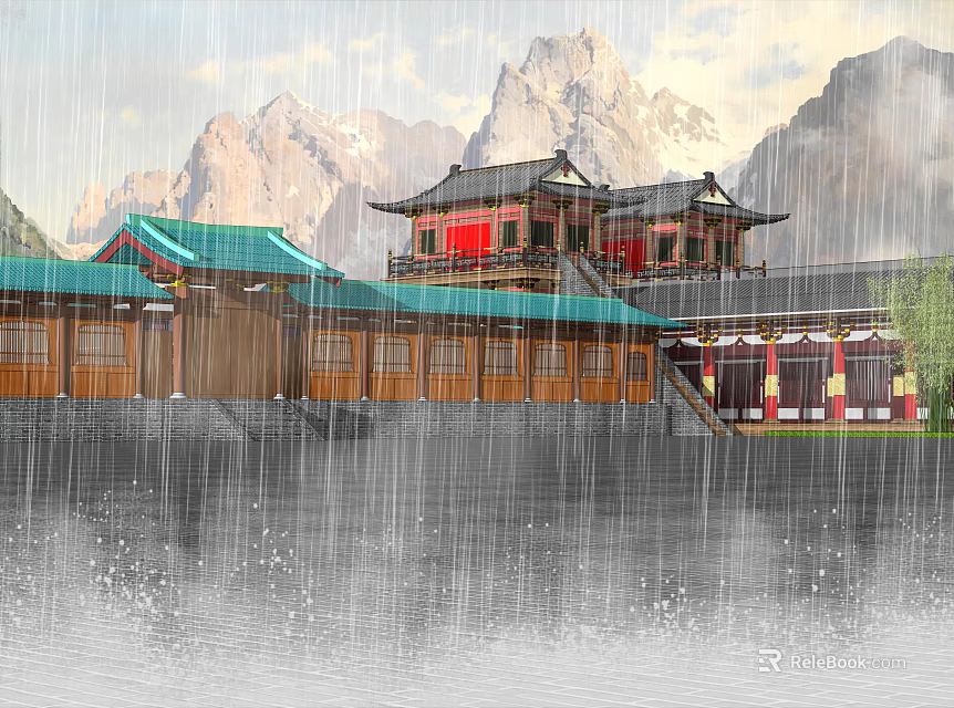 Ancient Chinese Architecture with Green Roofs and Red Doors by Water in Rainy Mountain View 3d model 