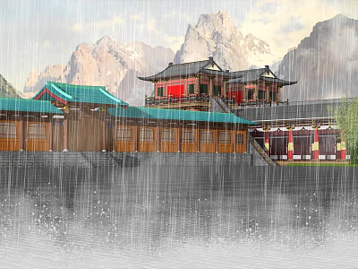 Ancient Chinese Architecture with Green Roofs and Red Doors by Water in Rainy Mountain View 3d model