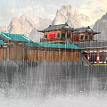 Ancient Chinese Architecture with Green Roofs and Red Doors by Water in Rainy Mountain View