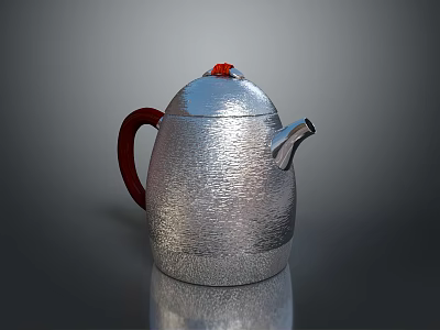 Stylish Silver Teapot With Red Handle And Textured Surface On Reflective Base 3d model