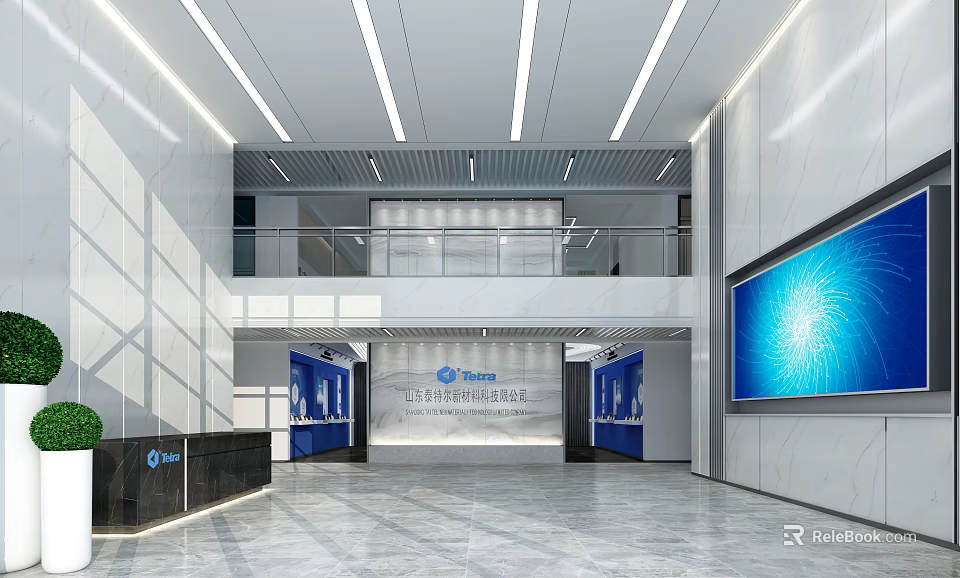 Modern Spacious Front Desk Reception Interior With Company Logo Large Screen And Lighting Design 3d model 