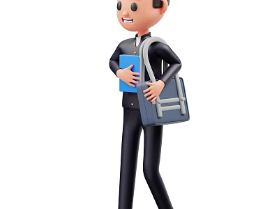 A Man Walking With Blue Book And Blue Bag In Black Casual Outfit 3d model