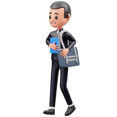 A Man Walking With Blue Book And Blue Bag In Black Casual Outfit 3d model