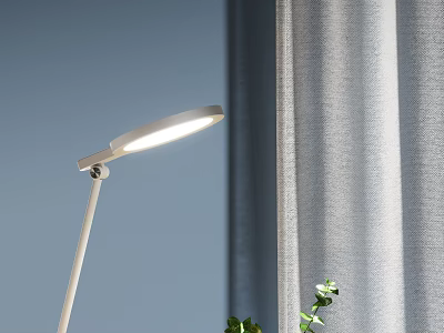 Minimalist White Desk Lamp With Adjustable Head Bright LED Light By Gray Curtain And Plant 3d model
