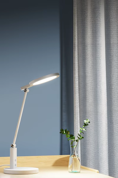 Minimalist White Desk Lamp With Adjustable Head Bright LED Light By Gray Curtain And Plant 3d model