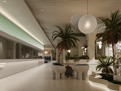 Tropical Modern Restaurant Interior With Hanging Pendant Lights Palm Trees And Open Bar Counter 3d model