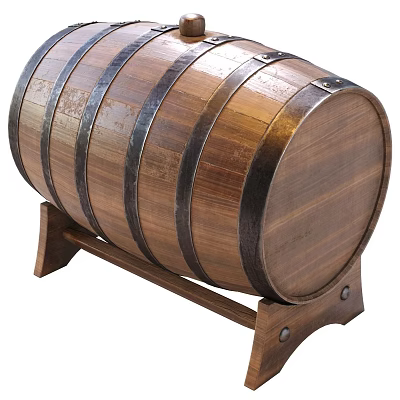 Classic Wooden Household Barrel With Metal Hoops And Durable Wooden Stand 3d model