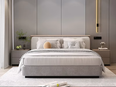 Modern Double Bed Interior With Soft Pillows Nightstands And Minimalist Walls 3d model