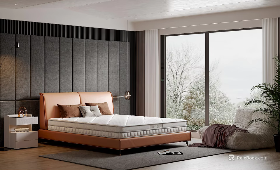 Modern Bedroom With Orange Headboard Dark Vertical Striped Wall And Large Window 3d model 