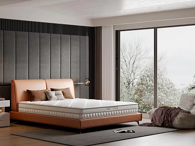 Modern Bedroom With Orange Headboard Dark Vertical Striped Wall And Large Window 3d model