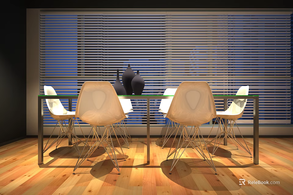 Modern Office Desk With Glass Top Metal Frame White Chairs And Vase Near Window Blinds 3d model 