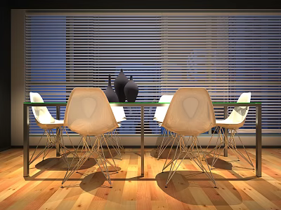 Modern Office Desk With Glass Top Metal Frame White Chairs And Vase Near Window Blinds 3d model