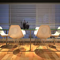 Modern Office Desk With Glass Top Metal Frame White Chairs And Vase Near Window Blinds
