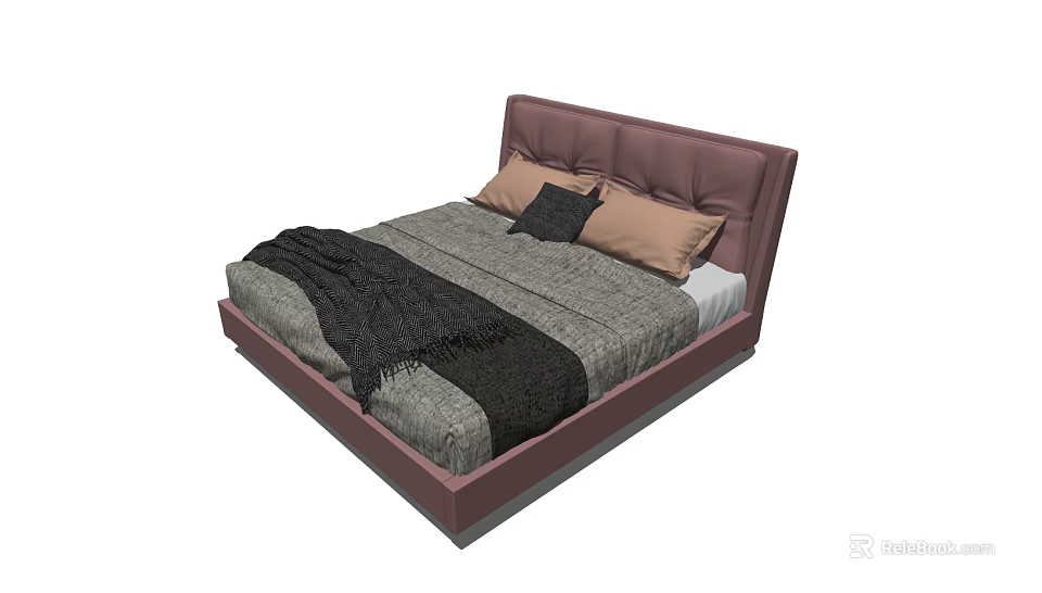 Modern Double Bed with Pink Upholstered Headboard Gray Quilt Black Throw Blanket and Pillows 3d model 