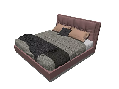 Modern Double Bed with Pink Upholstered Headboard Gray Quilt Black Throw Blanket and Pillows 3d model