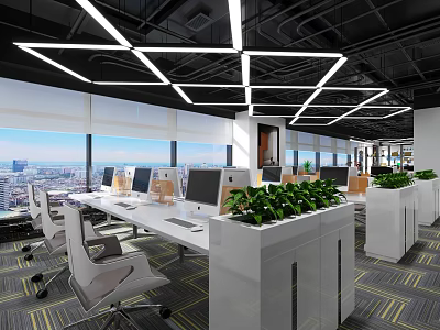 Modern Public Office Space Featuring Large Windows City View White Desks Computer Monitors Green Plants 3d model
