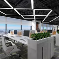Modern Public Office Space Featuring Large Windows City View White Desks Computer Monitors Green Plants