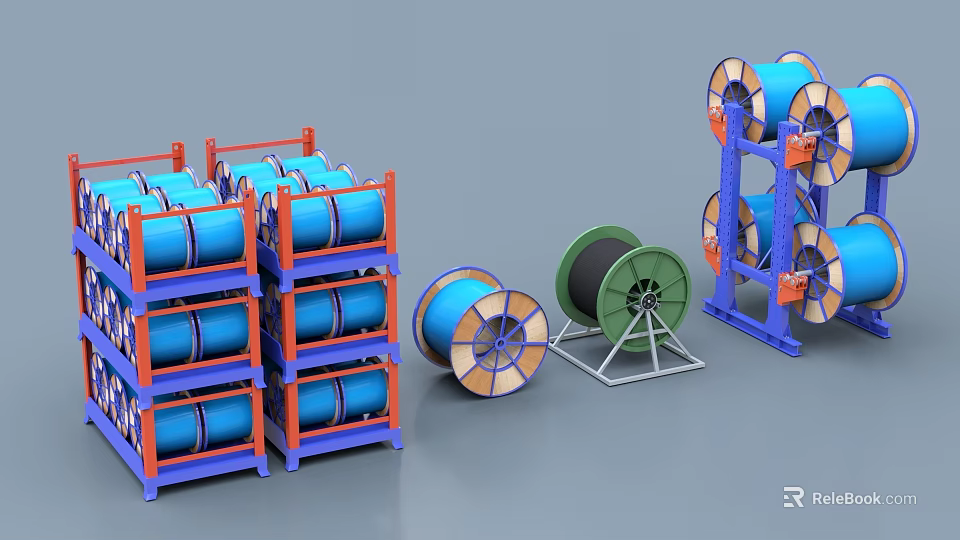Industrial Equipment For Cable Reels Storage With Blue Green Racks And Stands 3d model 