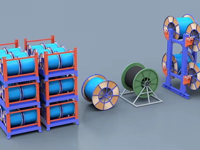 Industrial Equipment For Cable Reels Storage With Blue Green Racks And Stands 3d model
