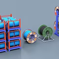 Industrial Equipment For Cable Reels Storage With Blue Green Racks And Stands