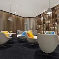 Modern Office Lounge Area With Wooden Slat Partition And Comfortable Chairs