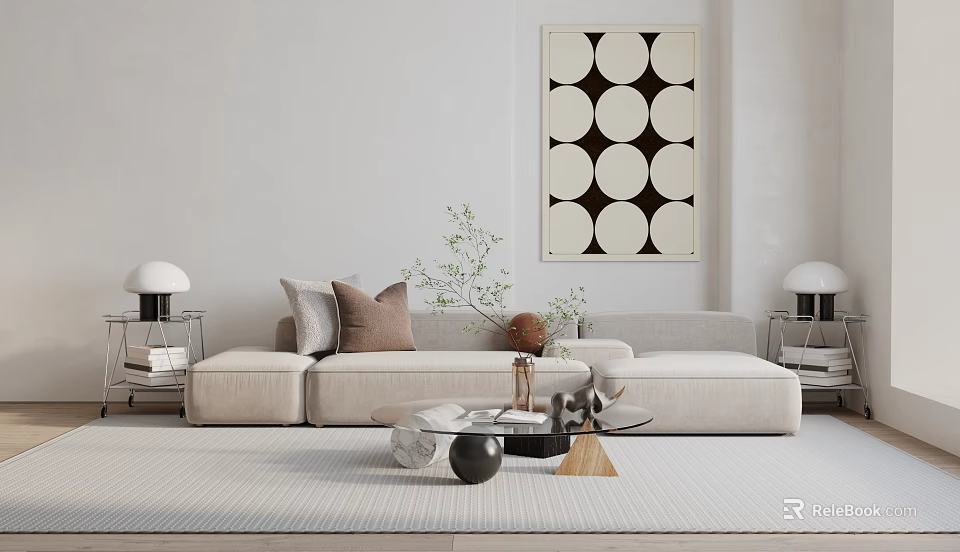 Modern Sofa Coffee Table Set With Throw Pillows Circular Wall Art And Floor Lamp 3d model