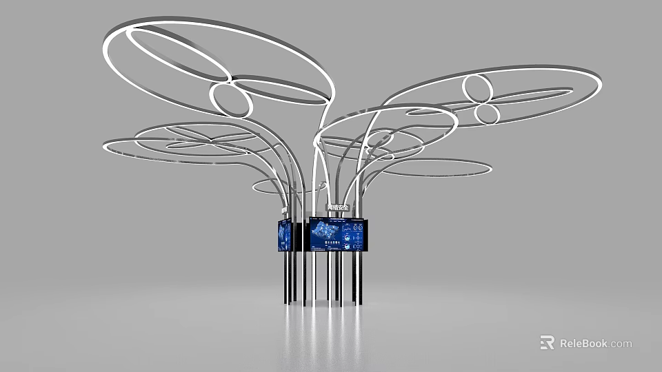 Modern Circular Exhibition Island Design With White Rings Black Pillars And Blue Screens 3d model 