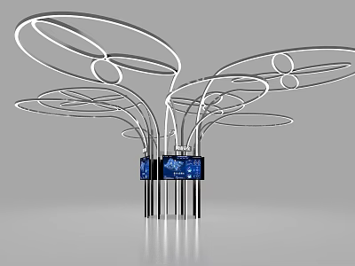 Modern Circular Exhibition Island Design With White Rings Black Pillars And Blue Screens 3d model