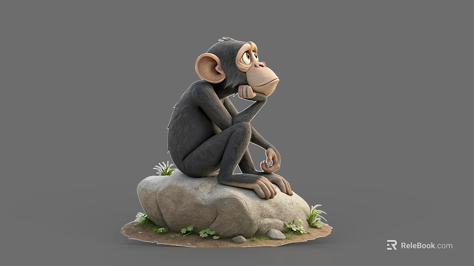 3D Cartoon Chimpanzee Sitting On Rock With Hand On Chin And Small Plants 3d model 