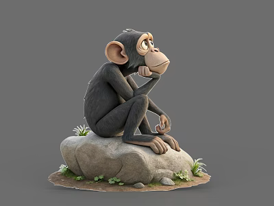 3D Cartoon Chimpanzee Sitting On Rock With Hand On Chin And Small Plants 3d model