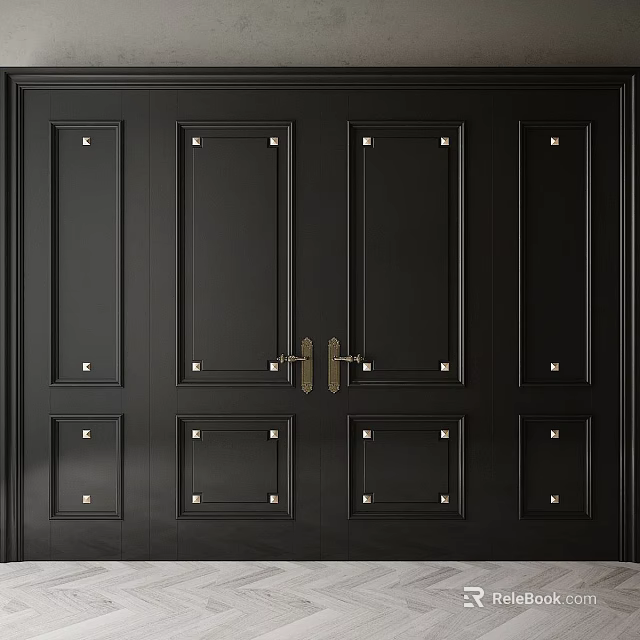 Tech Exhibition Hall Entrance Featuring Black Multi Panel Door Brass Handles And Metal Rivets 3d model 