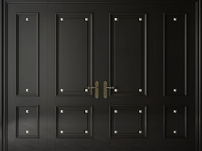 Tech Exhibition Hall Entrance Featuring Black Multi Panel Door Brass Handles And Metal Rivets 3d model