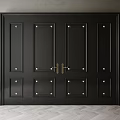 Tech Exhibition Hall Entrance Featuring Black Multi Panel Door Brass Handles And Metal Rivets