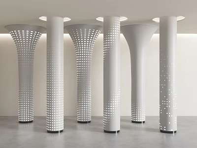Modern White Columns with Perforated Dot Design in Indoor Space with Ceiling Lights 3d model